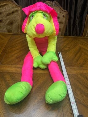 Vintage Playful Plush 1988 Neon Hound Dog Hat Overalls Stuffed Animal
